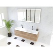 HR Matrix ensemble meuble de salle de bain 3d 140cm 2 tiroirs sans poignée avec bandeau couleur chêne français avec vasque fine 2 trous de robinetterie blanc mat SW857140