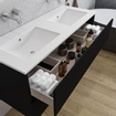 Adema Chaci Meuble salle de bain - 120x46x57cm - 2 vasques en céramique blanche - sans trou de robinet - 2 tiroirs - miroir rond avec éclairage - noir mat SW816496