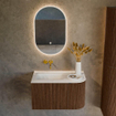 MONDIAZ KURVE meuble de salle de bains 75cm avec module 25 R couleur noyer avec 1 tiroir et 1 porte. Lavabo GRUNNE gauche sans trou de robinet Talc. SW1138232