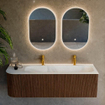MONDIAZ KURVE meuble de salle de bains 145 cm avec module 25 L couleur Walnut avec 1 tiroir et 1 porte. Lavabo BIG LARGE à droite 2 trous de robinet Talc. SW1138299
