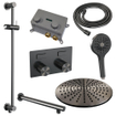 BRAUER gunmetal Carving Thermostatische Regendouche inbouw - drukknoppen - SET 68 - 30cm hoofddouche - rechte muurarm - 3 standen handdouche - doucheslang - geïntegreerde glijstang - gunmetal geborsteld PVD SW925701