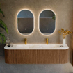 MONDIAZ KURVE-DLUX 170cm Meuble salle de bain avec module 25 G et D - couleur Walnut - 1 tiroir - 2 portes - vasque LEAF double - 2 trous de robinet - couleur Ostra SW1137858