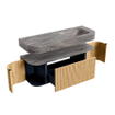 MONDIAZ THOR-DLUX 130cm meuble de salle de bains arrondi gauche + droite couleur Oak avec 1 tiroir et 2 portes. Vasque suspendue CLOUD Droite sans trou de robinet couleur Oza. SW1464004