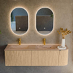 MONDIAZ KURVE-DLUX 155cm meuble de salle de bains arrondi droit couleur chêne avec 2 tiroirs et 1 porte. Lavabo LEAF double / gauche 2 trous de robinet Arena. SW1431163
