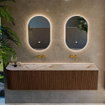MONDIAZ KURVE-DLUX meuble de salle de bains 175cm arrondi à gauche couleur noyer avec 2 tiroirs et 1 porte. Lavabo STOR SMALL double / droite sans trou de robinet Nata. SW1432236