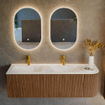 MONDIAZ KURVE-DLUX 145cm Meuble salle de bain avec module 25 D - couleur Walnut - 1 tiroir - 1 porte - vasque LEAF double / gauche - 2 trous de robinet - couleur Opalo SW1137665