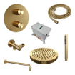 BRAUER Stripe Douche de tête thermostatique encastrée - 3 voies - ronde - SET 38 - pomme de douche 25cm - bras mural courbé - douchette à main barre - flexible de douche - coude de raccord mural - or brossé PVD SW1434856
