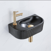 QeramiQ Fuente Ensemble de lavabo - 40x21.5x12cm - gauche - strié - demi-rond - 1 trou de robinet - céramique - robinet de lave-mains en laiton brossé - bonde - siphon abaissé - noir mat SW1233026