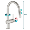 GROHE Minta Robinet de cuisine - haut - bec pivotant/extensible - 2 types de jets - supersteel brossé SW225338