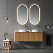 Royal Plaza Terra Edge Ensemble meuble de salle de bains - 140x44.7x46cm - vasque en solid surface blanc mat - 2 vasques - sans trous de robinet - 2 tiroirs - sandwood (chêne clair) SW1471922