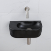 QeramiQ Fuente Ensemble de Lavabo - 40x21.5x12cm - strié - demi-rond - céramique - ensemble de robinet en acier inoxydable brossé - bouchon de vidange - siphon réduit - noir mat SW1233104