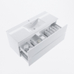 MONDIAZ VICA meuble sous lavabo 120cm Talc 2 tiroirs. Lavabo DENIA centre 1 trou de robinet, couleur Blanc Brillant. SW1381835