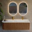 MONDIAZ KURVE-DLUX 145cm Meuble salle de bain avec module 25 G - couleur Walnut - 1 tiroir - 1 porte - vasque BIG LARGE droite - 2 trous de robinet - couleur Opalo SW1137743