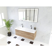 HR Matrix ensemble meuble de salle de bain 3d 120cm 1 tiroir sans poignée avec bandeau en coloris chêne français avec vasque djazz 2 trous de robinetterie blanc SW857118