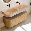 MONDIAZ THOR-DLUX 120cm meuble de salle de bains arrondi gauche + droite couleur Oak avec 1 tiroir et 2 portes. Vasque suspendue CLOUD Double sans trou de robinet couleur Saba. SW1463440