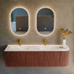 Mondiaz KURVE-DLUX Ensemble de meubles de salle de bains - 155x46x40cm - 2 tiroirs - 1 porte - lavabo solid surface - double / gauche - 2 trous de robinet - Ruby SW1415683