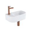 QeramiQ Fuente Ensemble de Lavabo - 40x21.5x12cm - gauche - strié - demi-rond - 1 trou de robinet - céramique - ensemble de robinet en cuivre brossé - bouchon de vidange - siphon abaissé - blanc mat SW1233040