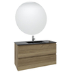 Saniclass Chaci Ensemble meuble de salle de bains - 100x46x55cm - lavabo céramique noir - 1 vasque - 1 trou de robinet - 2 tiroirs - miroir rond avec éclairage - chêne SW816290