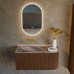MONDIAZ KURVE-DLUX Meuble de salle de bains 95cm arrondi à droite couleur Walnut avec 1 tiroir et 1 porte. Lavabo BIG SMALL gauche sans trou de robinet Sombra. SW1433639