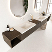 Mondiaz bukla ensemble de meubles de bain 280x45x34cm 0 robinetterie 2 lavabos surface solide talc sans poignée 3 tiroirs avec softclose mélamine marron foncé SW705112