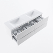 MONDIAZ VICA meuble sous lavabo 150cm Talc 4 tiroirs. Lavabo CLOUD double sans trou de robinet, couleur Talc. SW1381825