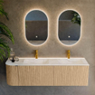 MONDIAZ KURVE-DLUX meuble de salle de bains 155cm avec module 25 L couleur Chêne avec 2 tiroirs et 1 porte. Lavabo LEAF double / droite 2 trous de robinet couleur Ostra. SW1137782