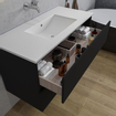Adema Chaci Meuble salle de bain - 100x46x57cm - 1 vasque en céramique blanche - sans trou de robinet - 2 tiroirs - miroir rond avec éclairage - noir mat SW816289