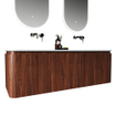 Royal Plaza Terra Badkamermeubelset - 140x46.2x46cm - solid surface wastafel wit mat - 2 wasbakken - zonder kraangaten - 4 lades - kastanje (walnoot) SW1447037