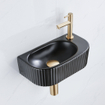 QeramiQ Fuente Ensemble de lavabo - 40x21.5x12cm - droit - strié - demi-rond - 1 trou de robinet - céramique - robinet de lavabo laiton brossé - bonde de vidage - siphon abaissé - noir mat SW1233027