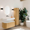 MONDIAZ THOR Meuble de salle de bains 100cm arrondi gauche + droite couleur Oak avec 1 tiroir et 2 portes. Vasque suspendue CLOUD Milieu sans trou de robinet couleur Talc. SW1467296