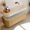 MONDIAZ THOR-DLUX 130cm badmeubel ronding links + rechts kleur Oak met 1 lade en 2 deuren. Vrijhangende wastafel CLOUD Rechts zonder kraangat kleur Nata. SW1463857