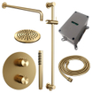 BRAUER Gold Carving thermostatische Inbouw Regendouche - 3-weg - rond - set 87 - 20cm hoofddouche - gebogen muurarm - staaf handdouche - doucheslang - geïntegreerde glijstang - goud geborsteld PVD SW1159054