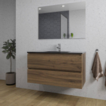 Saniclass Chaci Meuble de salle de bain - 100x46x55cm - lavabo en céramique noir - 1 vasque - 1 trou de robinet - 2 tiroirs - miroir rectangulaire - noyer (hout) SW816567