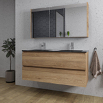 Saniclass Chaci Ensemble meuble de salle de bains - 120x46x55cm - lavabo céramique noir - 2 vasques - 2 trous de robinet - 2 tiroirs - armoire de toilette - chêne SW856569