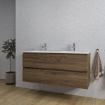 Saniclass Chaci Meuble de salle de bain - 120x45x55cm - lavabo en céramique brillant blanc - 2 vasques - 2 trous de robinet - 2 tiroirs - noyer SW721289