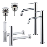 FortiFura Calvi Kit robinet lavabo - pour double vasque - robinet rehaussé - bonde clic clac - siphon design - Chrome brillant SW915321