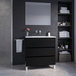 Saniclass Chaci PLUS Meuble de salle de bain - 80x86x46cm - lavabo en céramique blanc - 1 vasque - sans trous de robinet - 3 tiroirs - miroir rectangulaire - noir mat SW1027208