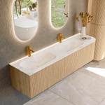 MONDIAZ KURVE-DLUX 175cm badmeubel met module 25 R kleur Oak met 2 lades en 1 deur. Wastafel STOR SMALL dubbel / links 2 kraangaten kleur Frappe. SW1137385