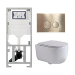 QeramiQ Dely Swirl Ensemble WC- 36,3x51,7 cm - fond creux - sans bride- réservoir encastré Geberit UP320 - abattant fin - plaque de commande en laiton brossé - boutons ronds - blanc mat SW1126114