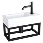 Differnz Ravo fonteinset – 38.5x18.5x25 cm – keramiek wit glans – gebogen mat zwarte kraan – met zwart frame SW373162