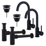 Fortifura Calvi Kit robinet lavabo - pour double vasque - robinet haut - bec rotatif - bonde non-obturable - siphon design - Noir mat SW915299