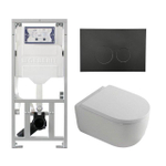 QeramiQ Dely Swirl Ensemble WC- 36.3x51.7cm - Réservoir encastré Geberit UP320 - Abattant de 35mm - Plaque de commande en métal noir mat - Boutons ronds - Blanc brillant SW1138649