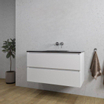 Adema Chaci Ensemble de meuble 101x46x57cm avec 2 tiroirs sans poignée vasque en céramique noire sans trou de robinet Blanc mat SW809384