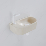 QeramiQ Fuente Fonteinset - 40x21.5x12cm - links - geribbeld - halfrond - 1 kraangat - keramiek - fonteinkraan wit mat - afvoerplug - verlaagd sifon - beige SW1233012
