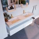 Mondiaz ALAN-DLUX Ensemble de meuble - 150cm - meuble Talc mat - 2 tiroirs - Lavabo Cloud Opalo suspendu - vasque Gauche et droite - 2 trous de robinet SW806317
