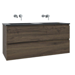 Saniclass Chaci Meuble de salle de bain - 120x45x55cm - lavabo en céramique noir mat - 2 vasques - sans trou de robinet - 2 tiroirs - noyer SW809397