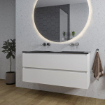 Saniclass Chaci Meuble de salle de bain - 120x46x55cm - lavabo en céramique noir - 2 vasques - sans trous de robinet - 2 tiroirs - ronde miroir avec éclairage - blanc mat SW816503