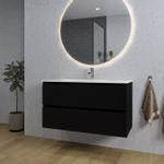 Adema Chaci Meuble salle de bain - 100x46x57cm - 1 vasque ovale en céramique blanche - 1 trou de robinet - 2 tiroirs - miroir rond avec éclairage - noir mat SW816281