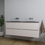 Adema Chaci Badkameronderkast - 140cm - 4 lades - greeploos - zwart keramieke wastafel - overloop - 2 wasbakken - zonder kraangaten - mat cotton (beige) SW1182429