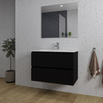 Saniclass Chaci Meuble de salle de bain - 80x45x55cm - lavabo en céramique blanc - 1 vasque ovale - 1 trou de robinet - 2 tiroirs - miroir rectangulaire - noir mat SW724527